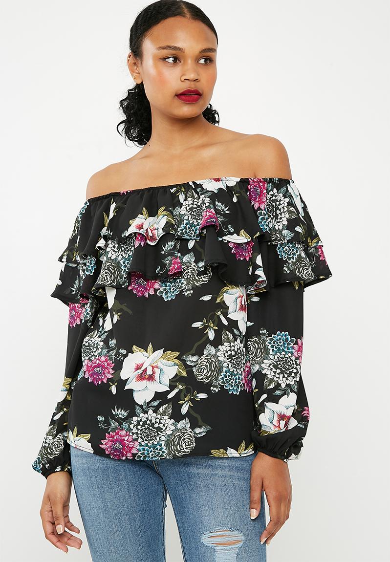 Frilled off the shoulder blouse - black floral Superbalist Blouses ...