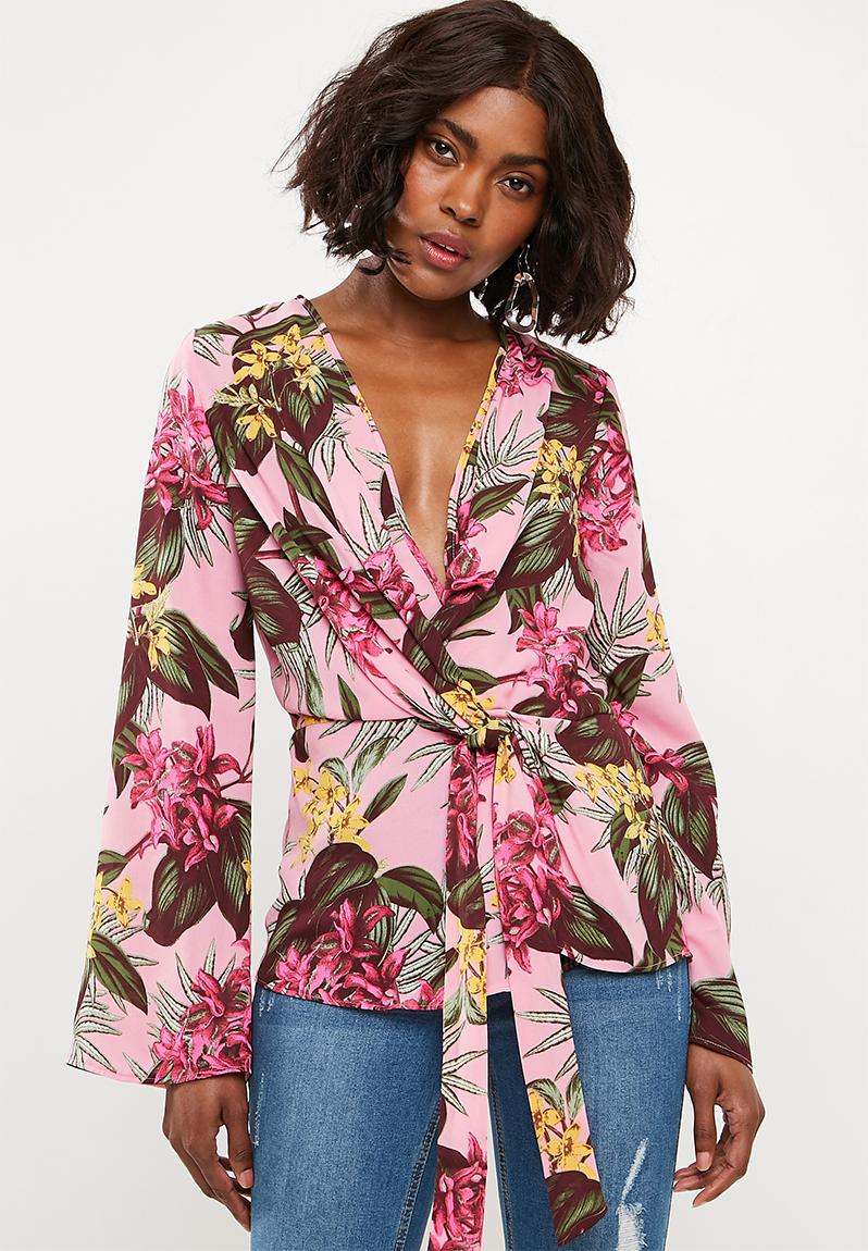 Drape front plunge blouse tropical - pink Missguided Blouses ...