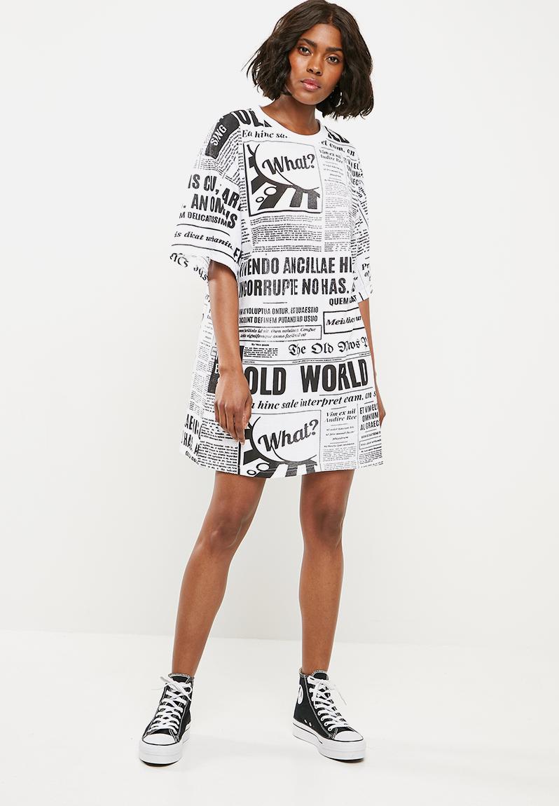 Buy > black and white newspaper dress > in stock