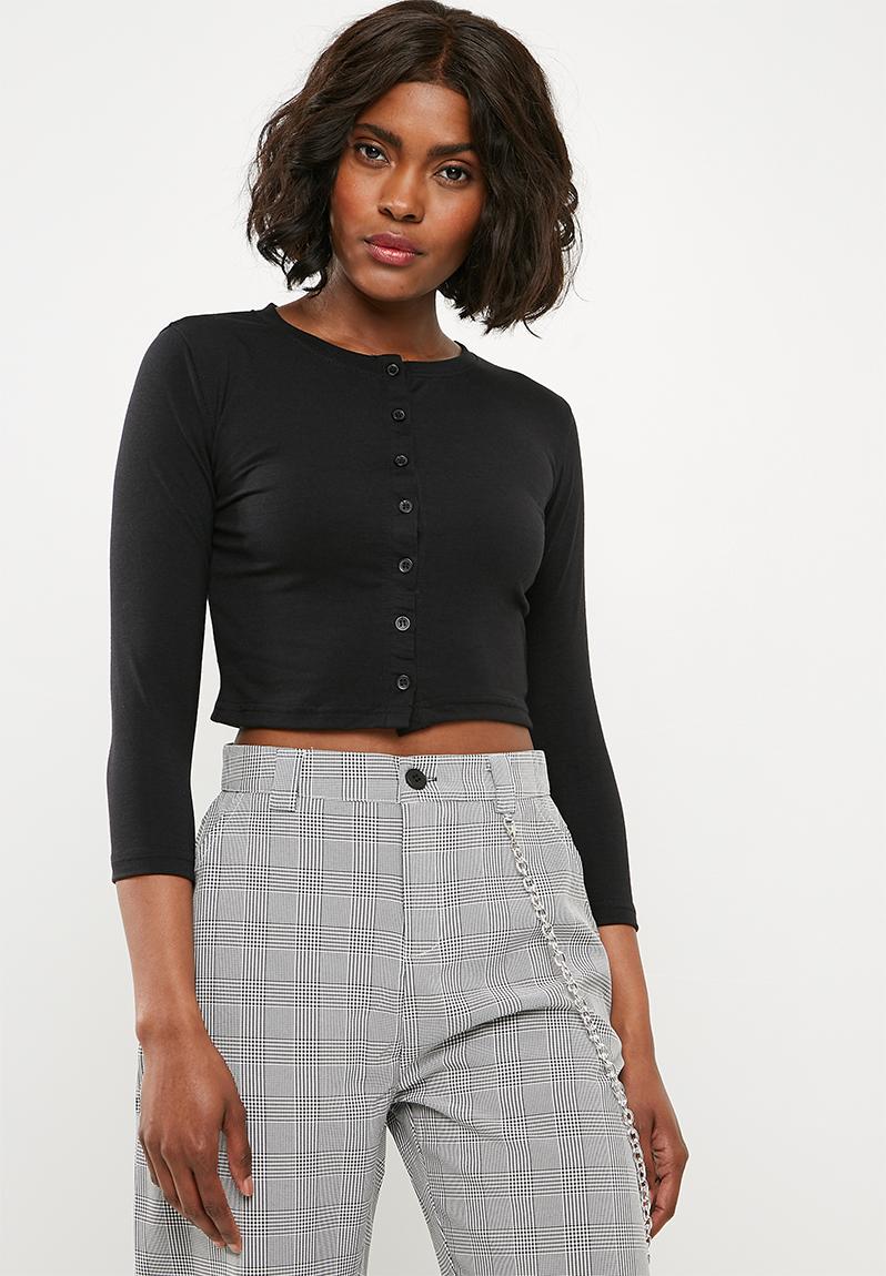Button front long sleeve crop top - black Missguided T-Shirts, Vests ...