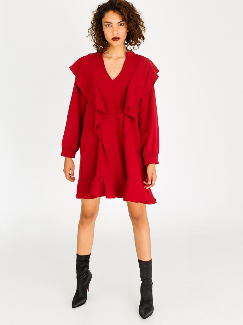 4510530 Red Frill-Button Detail Dress