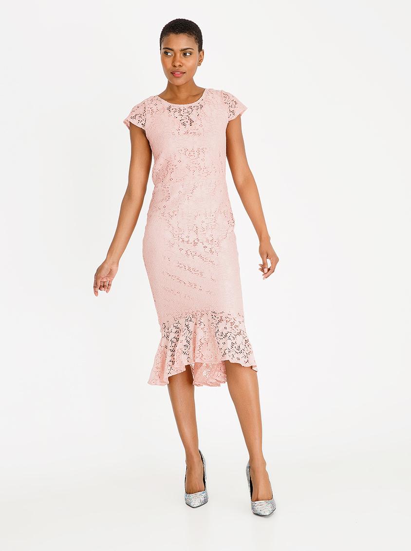 Fitted lace dress with frills - mid pink edit Formal | Superbalist.com