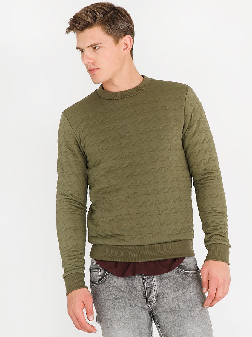 Quilted Crew Neck Sweatshirt Khaki Green STYLE REPUBLIC Hoodies ...