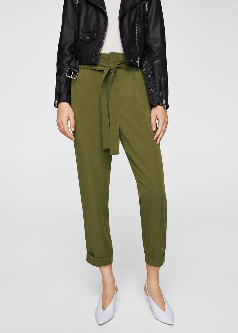 green paper bag trousers