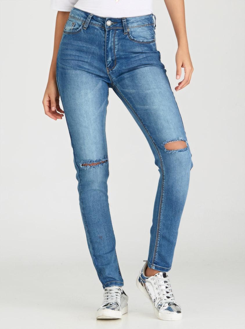 High Waisted Mom Jeans With Knee Rips Blue Boohoo Jeans | Superbalist.com