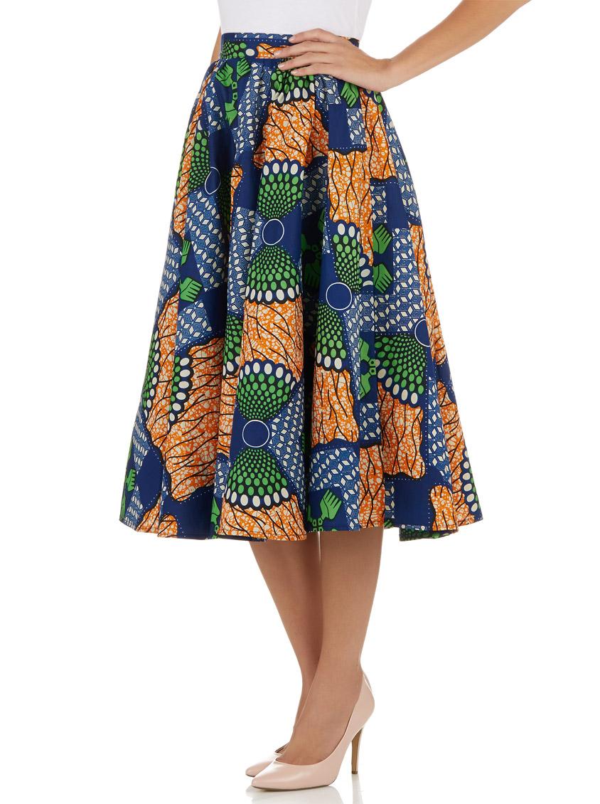 African-print Midi Skirt with Navy Band Multi-colour AfroDizzy Skirts ...