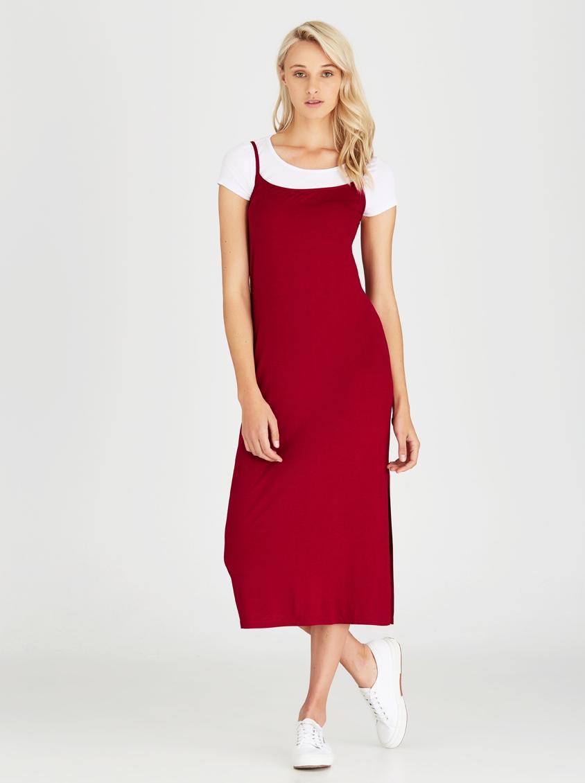 dark red slip dress