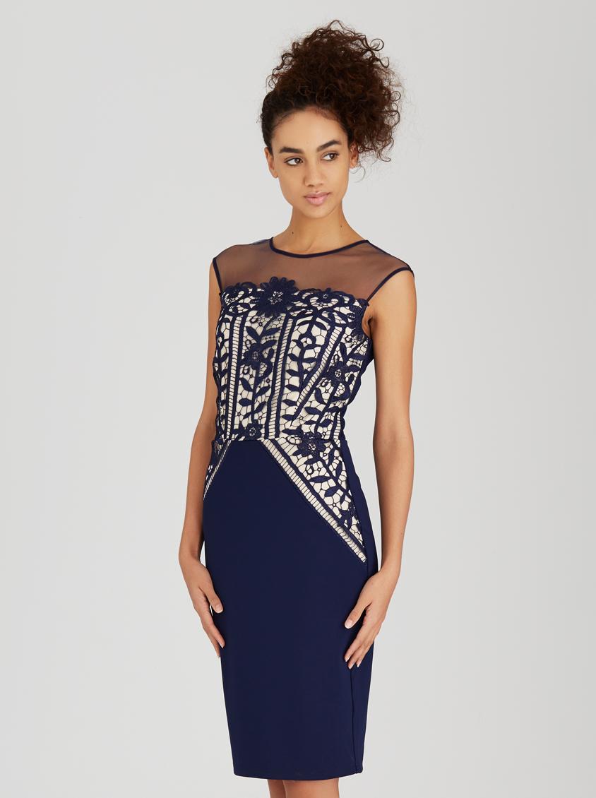 navy crochet cap sleeve midi dress