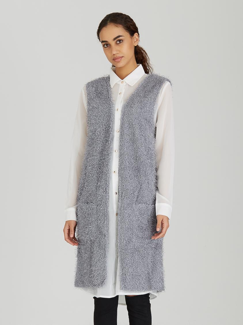 Fluffy Sleeveless Longer Length Jacket Grey Brave Soul Knitwear