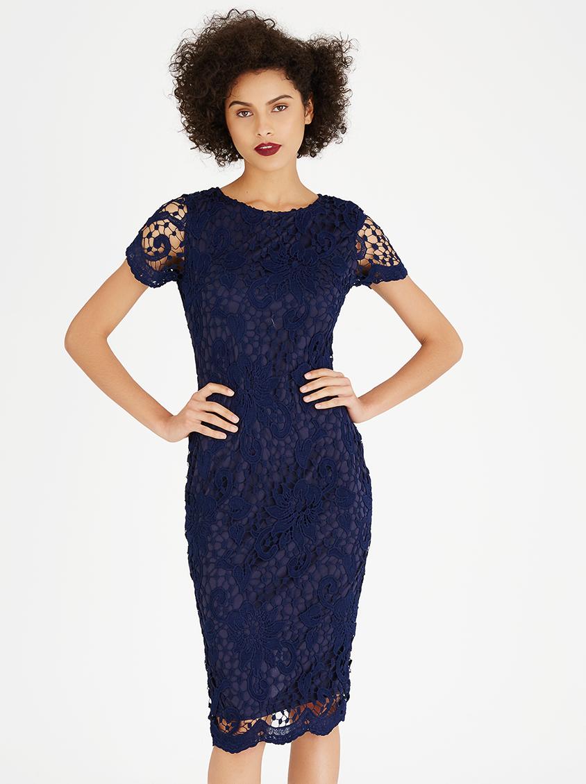 navy crochet cap sleeve midi dress