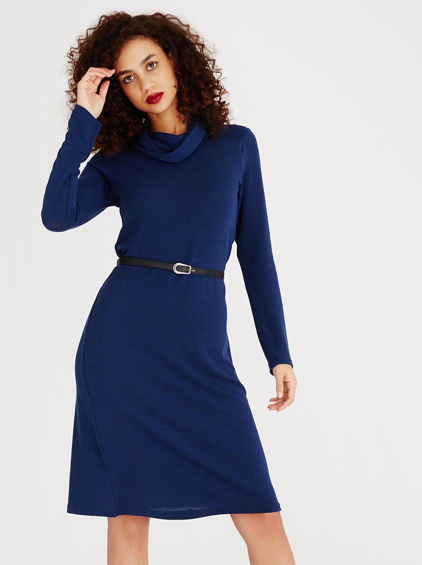 Cowl Neck Knit Dress with Belt Navy edit Casual