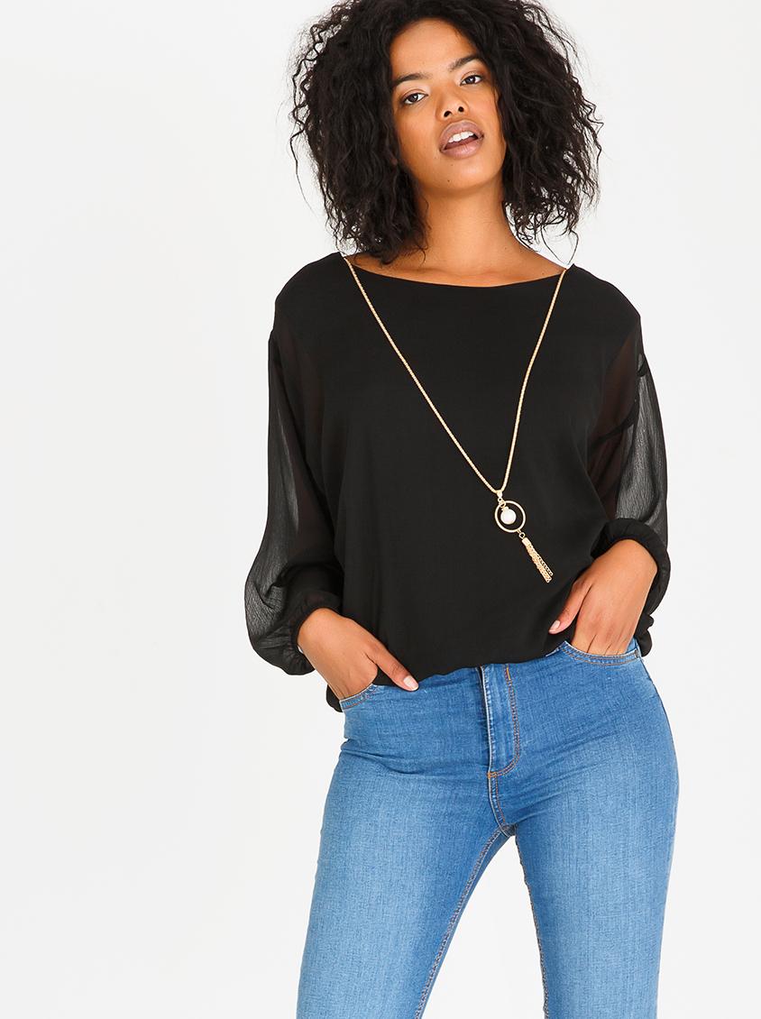 Long Sleeve Lined Blouse with Detachable Chain Black edit Blouses ...