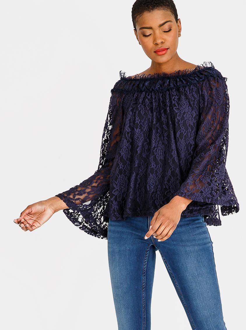Lace bell sleeve bardot blouse - navy edit Blouses | Superbalist.com