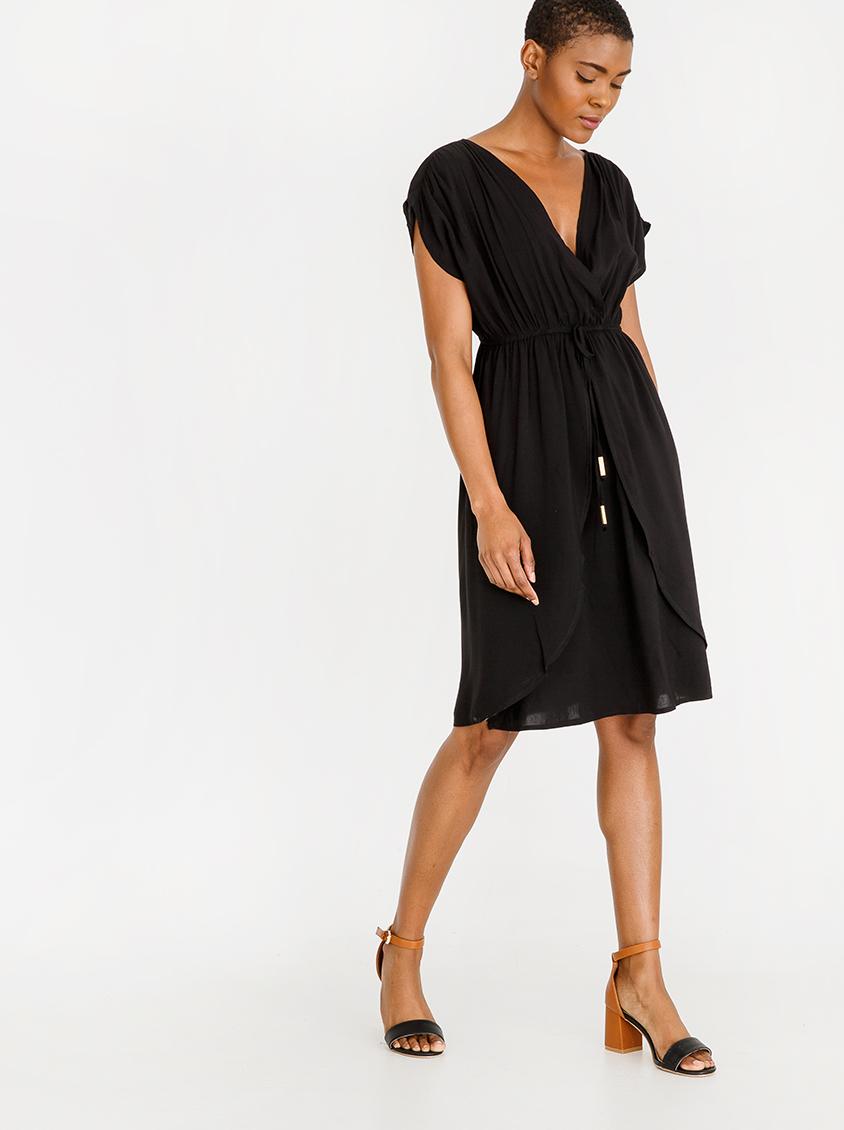 Download Mock wrap dress with draw-cord - black edit Casual ...