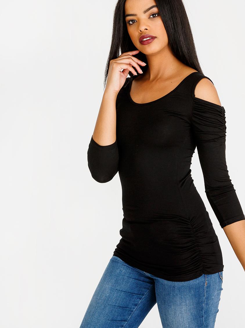 Download 3/4 Sleeve Cold Shoulder Top Black edit T-Shirts, Vests ...