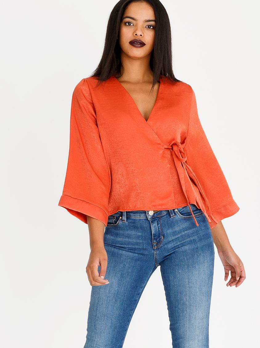  Wrap  Over Blouse  with Kimono  Sleeve Orange edit Blouses  