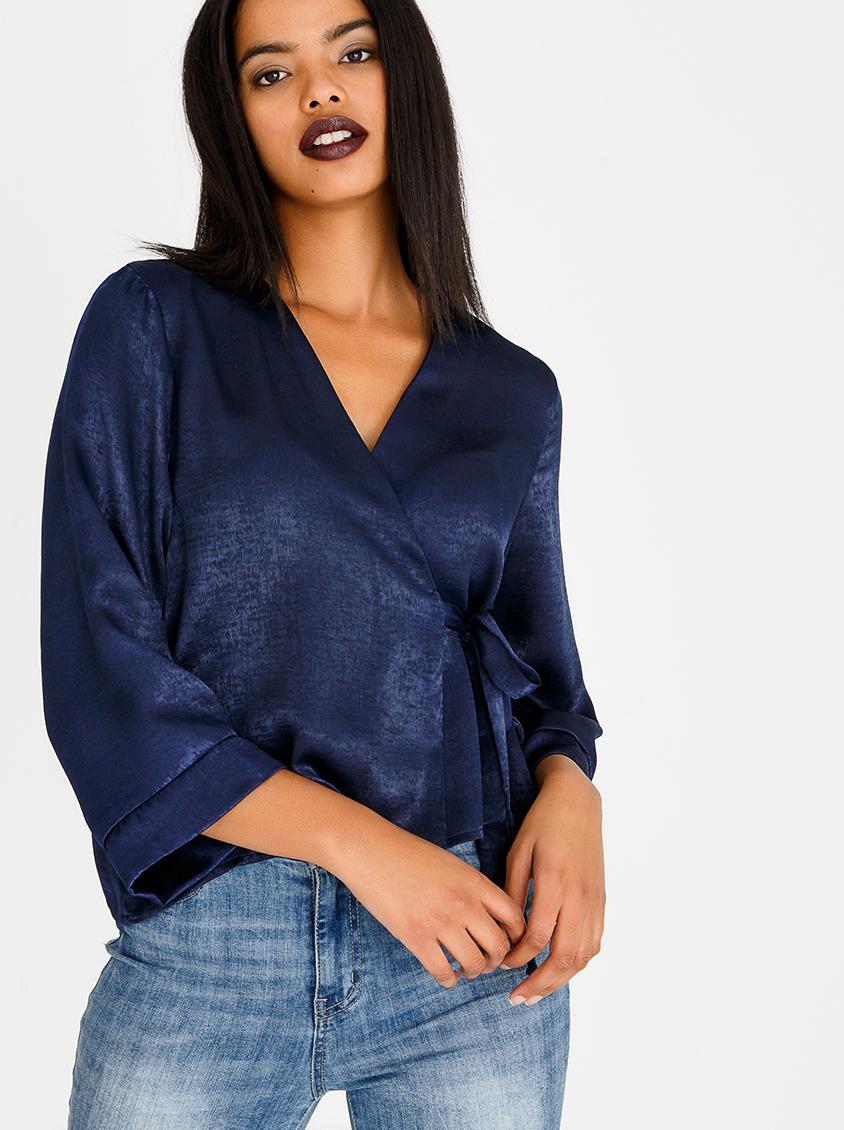  Wrap  Over Blouse  with Kimono  Sleeve Navy edit Blouses  