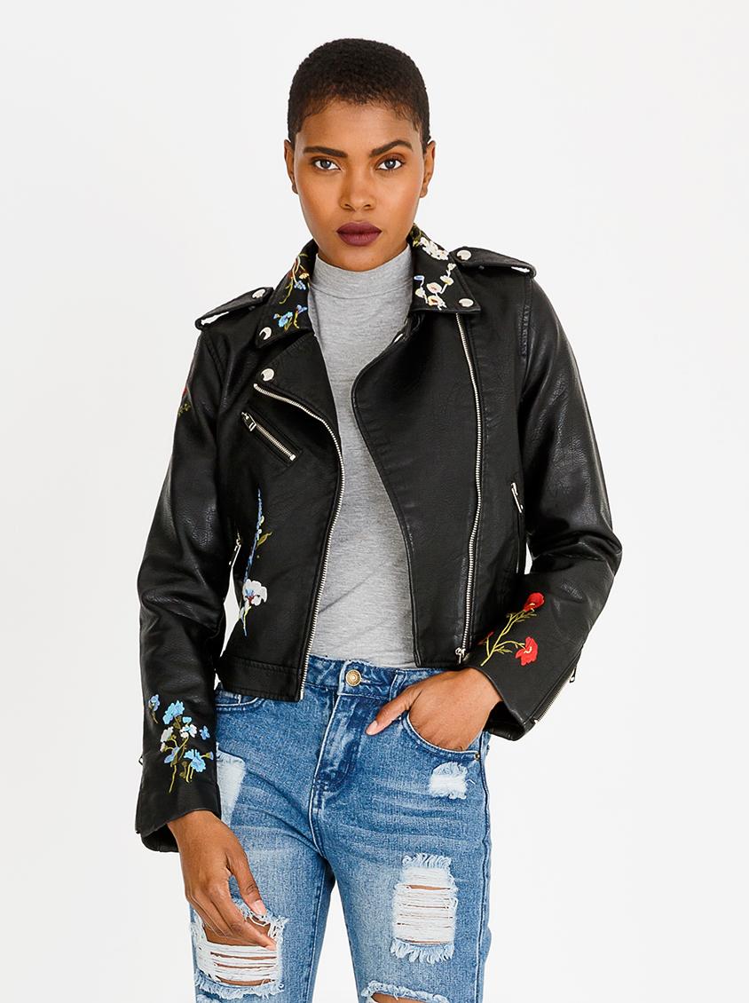 Embroidered Leather-look Biker Jacket Black c(inch ... (844 x 1130 Pixel)
