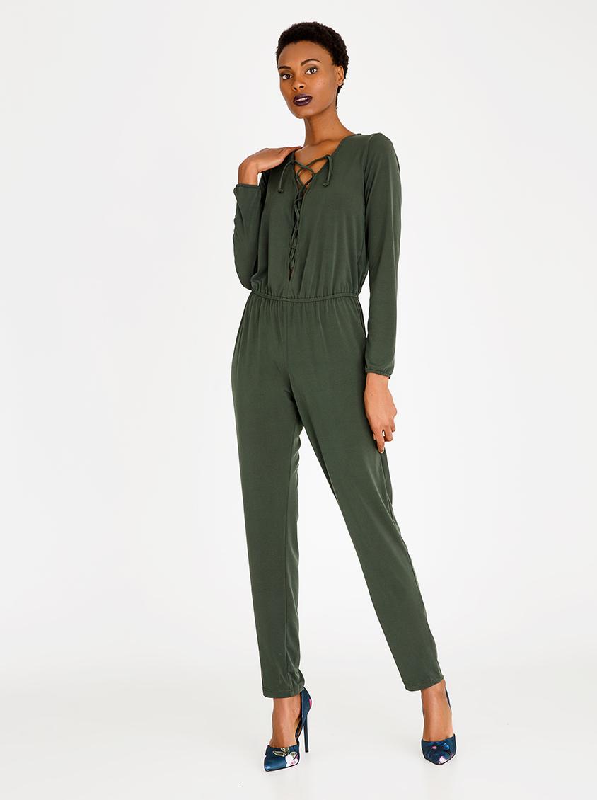Lace-up Jumpsuit Dark Green STYLE REPUBLIC Jumpsuits & Playsuits ...