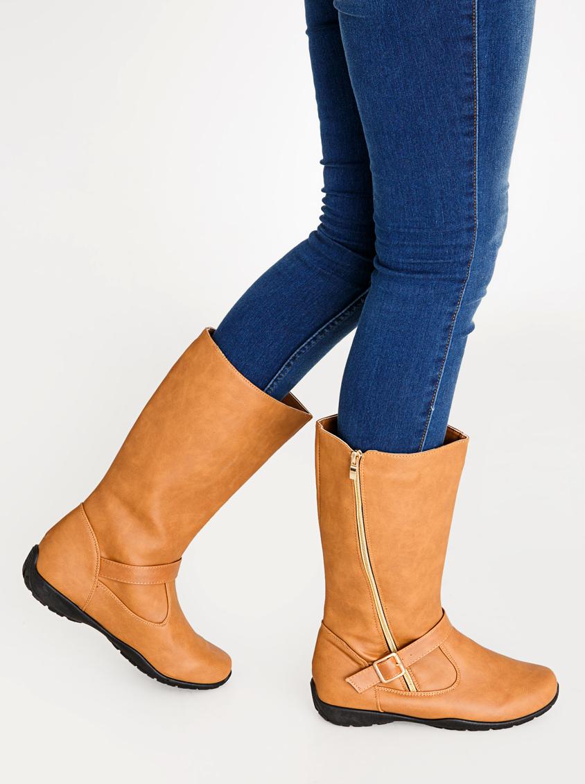 flat tan calf boots