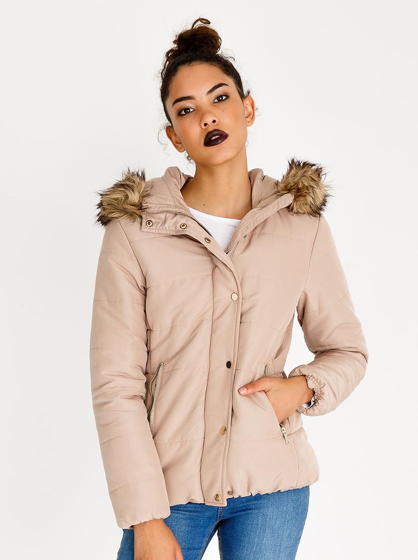 Puffer with Faux Fur Trimmed Hood Beige STYLE REPUBLIC Jackets ...