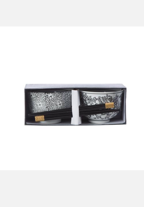 Eastern Tea Party - Flower Bowl & Stick Set of 2 – Black & White