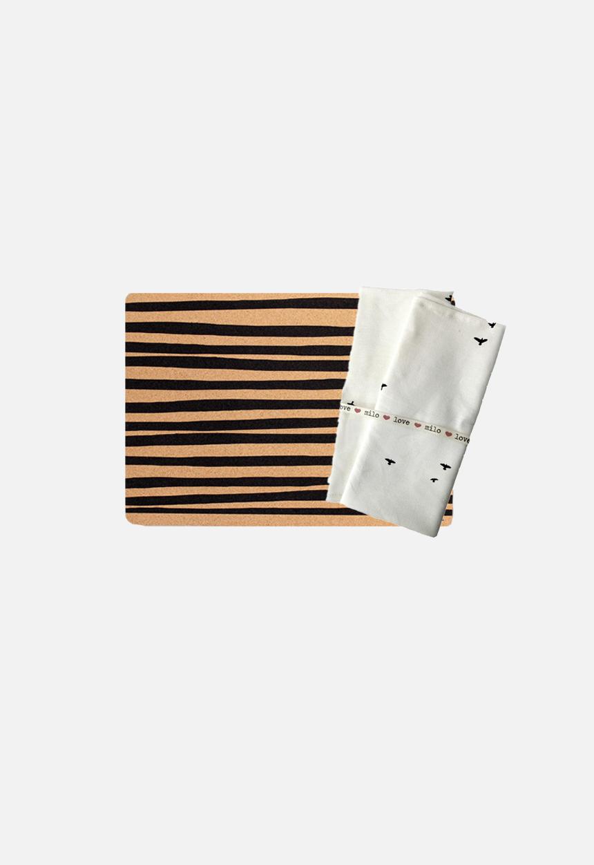 Love Milo - Black Stripe Cork Placemat & Bird Napkin Set