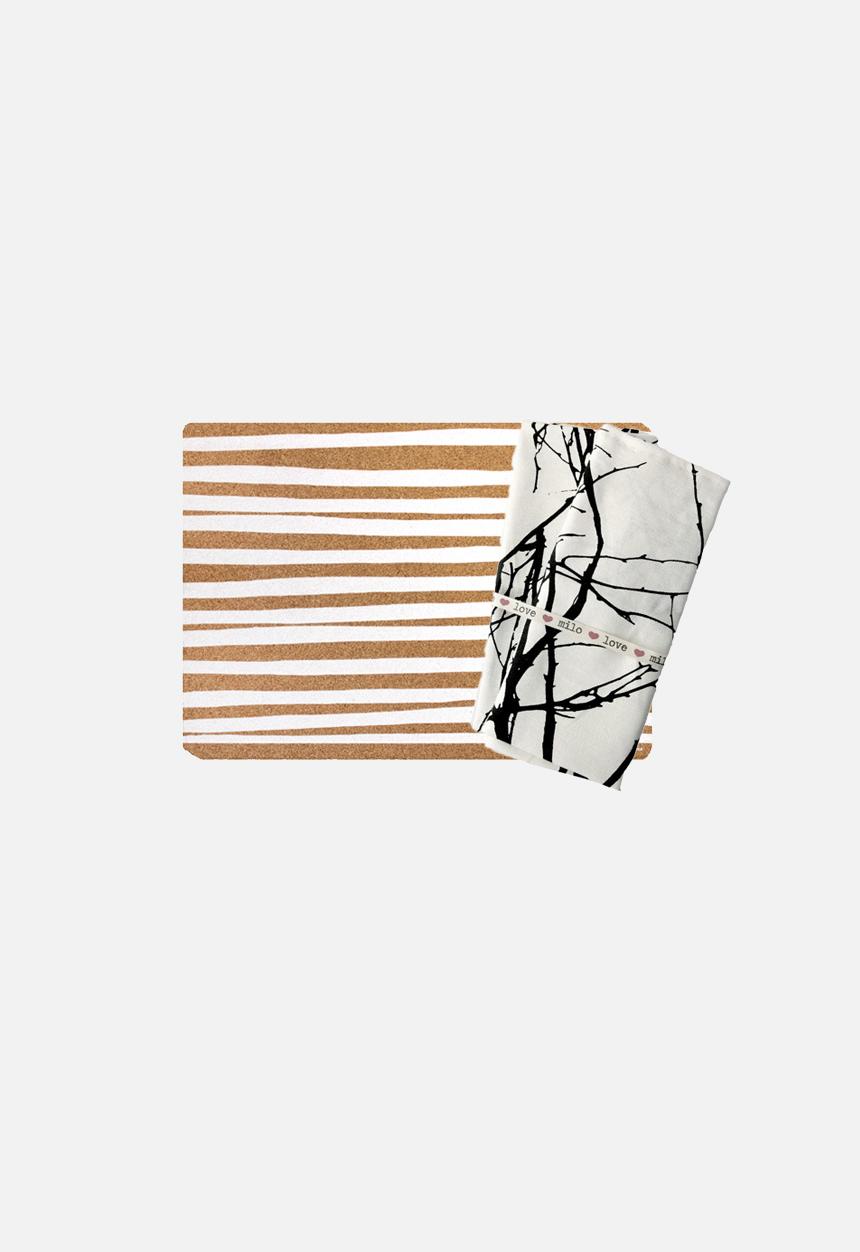Love Milo - White Stripe Cork Placemat Branch Napkin Set