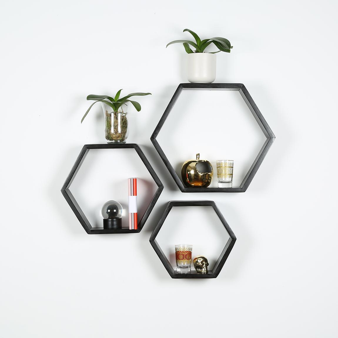 Hexagon Shelf Set of 3 - Black B&K Design and Decor Shelves & Racks ...