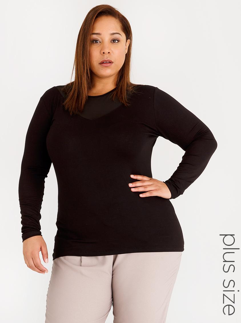 Mesh Inset Long Sleeve Top Black